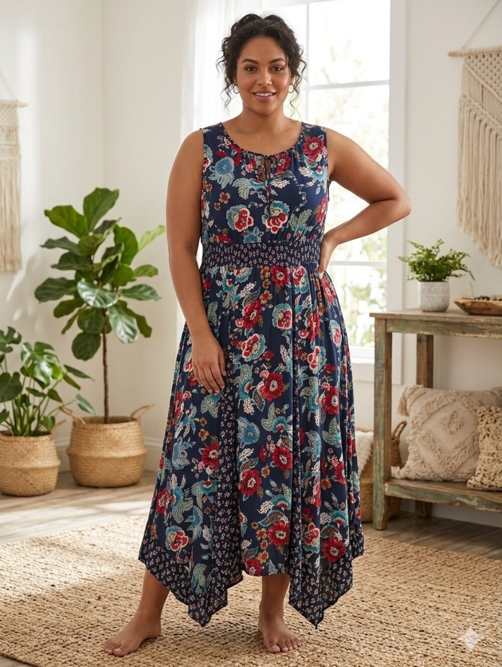 Bila Floral Sleeveless Maxi Dress Navy with Red & Teal Blooms Size XXL